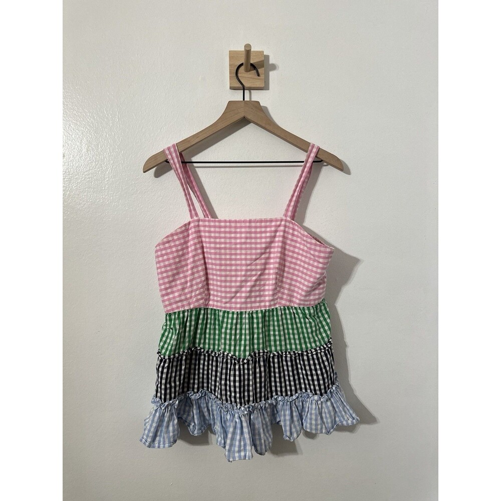 Crown & Ivy Women Gingham Ruffled Sleeveless Cotton Blouse Tank Lg Multicolor